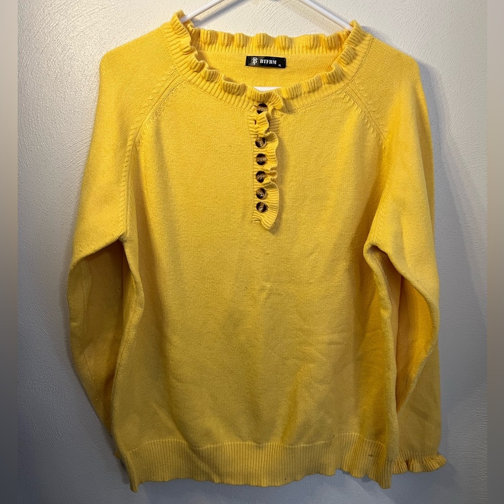 BTFBM Ruffle Collar and Sleeve Quarter Button Sweater Golden Yellow Womens Sz XL